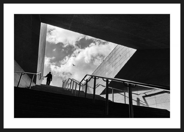 stairs and blue sky ramme bw